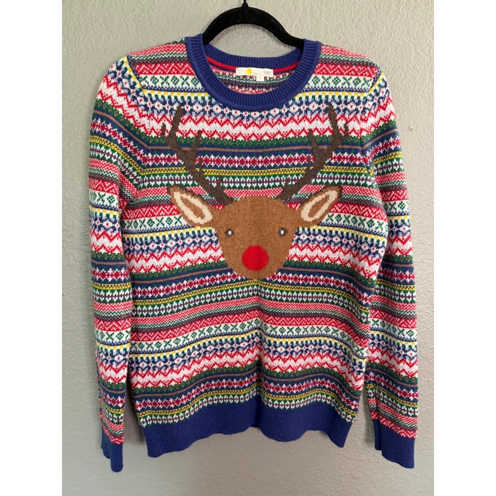 Boden Reindeer Fair Isle Holiday Sweater M Wool Alpaca Blend Blue Cozy